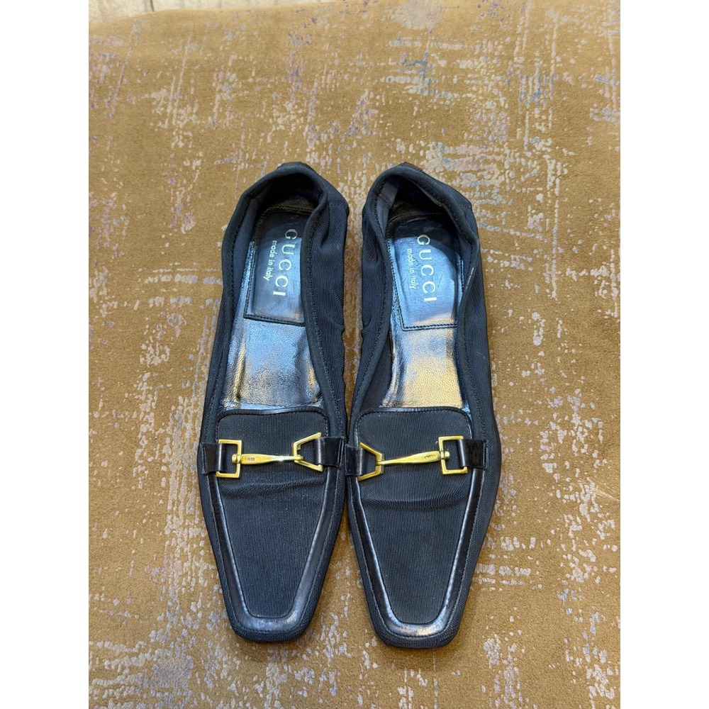 Gucci Black Fabric Horsebit Loafers Square Toe Block Heel 091024 36 C